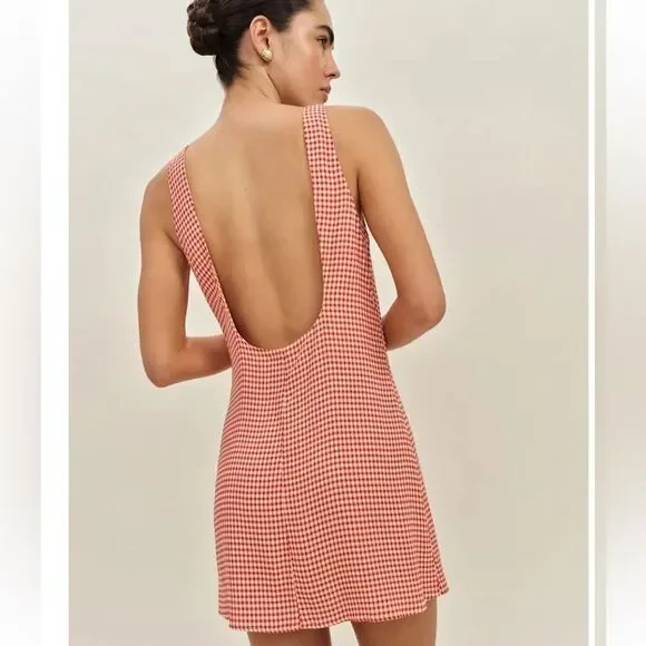 Reformation Rosemond Mini Dress Strawberry Check Cut Out Sz 12 - Picture 2 of 14